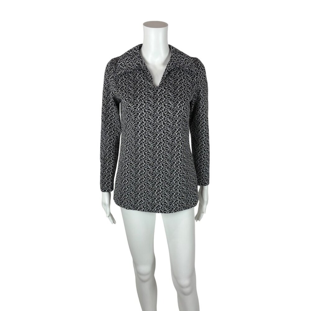 Vintage 70s Patterned Top Women's Small Black White Polyester Collared Shirt - Picture 10 of 10